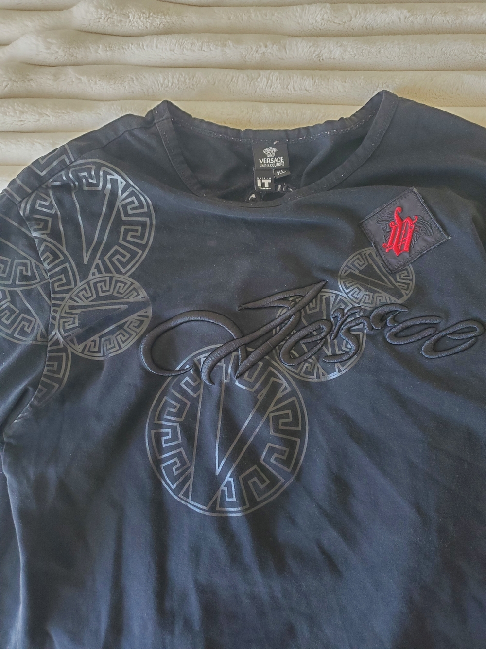 Versace Black Short Sleeve Tee with Red Crest Detail